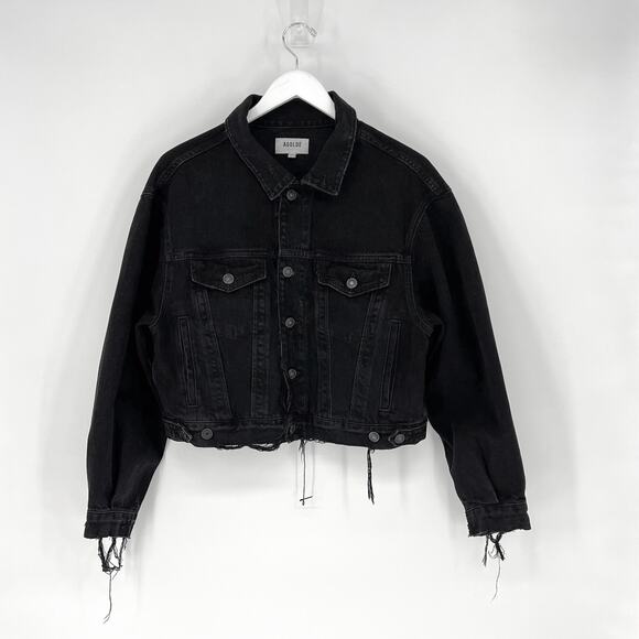 AGOLDE Shrunken Charli Black Denim Jacket Jagged Raw Hem Distressed Size Small - Picture 2 of 6